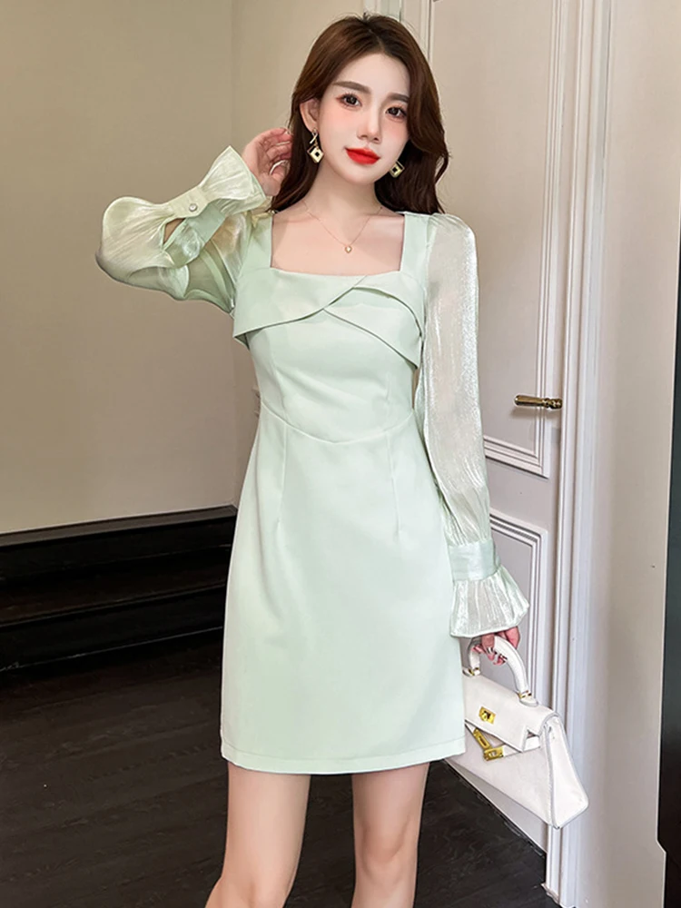 

Elegant Korean Style Mini Dress Women Sweet Green Puff Sleeve Slim Short Gown Femme Vacation Party Street Vestidos Mujer Spring