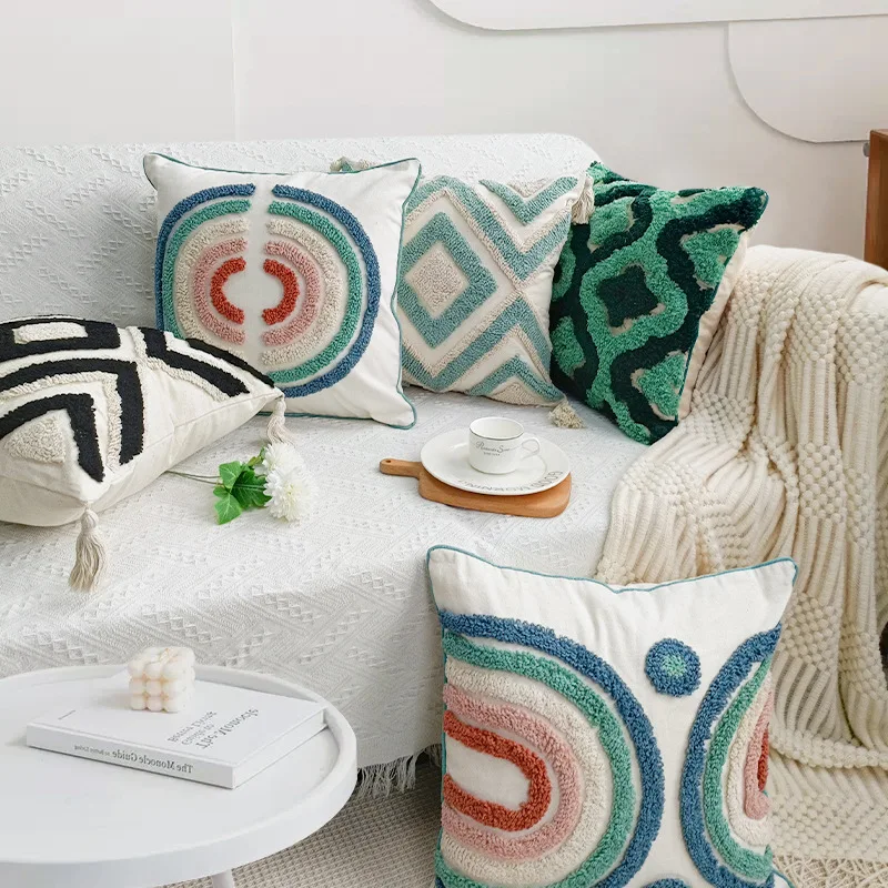 

Modern Throw Pillow Covers for Sofa Geometric Tufted Embroidered Pillowcase Cotton Canvas Tassel Decorative Cushion Cover