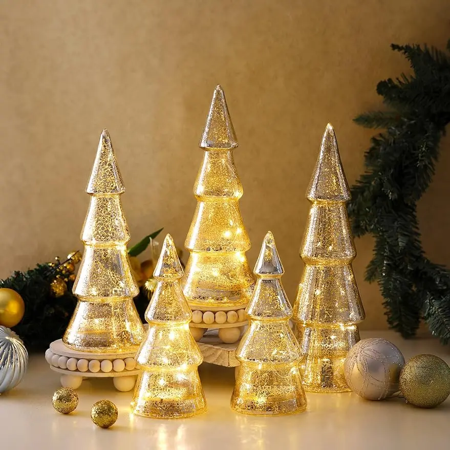 

Set of 5 LED Glass Christmas Tree with Battery Operated Lights 2.76 In Tabletop Xmas Lighted Glass Conical Ornaments Christmas