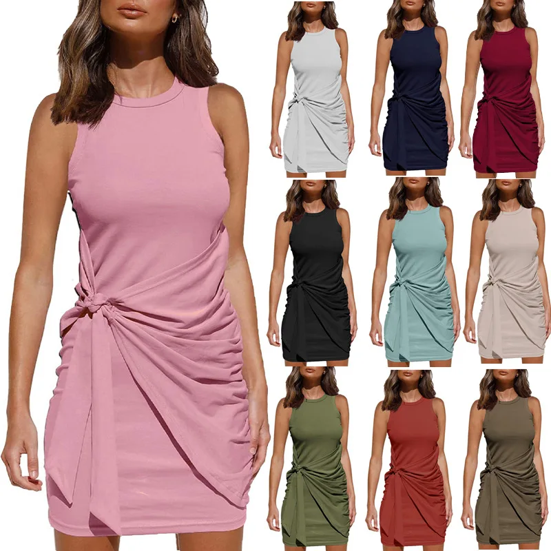 

Летнее однотонное хлопковое Плиссированное мини-платье без рукавов и с круглым вырезом