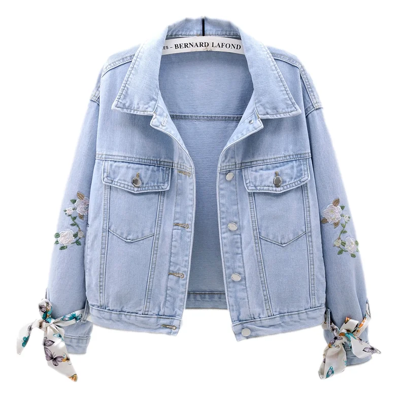 

Vintage Light Blue Embroidery Denim Jackets Women Big Pocket Bow Cowboy Outerwear Loose Casual Short Jeans Jacket Coat Female