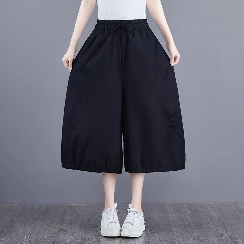 #2966 Summer Wide Leg Pants Women Thin Loose Big Pockets Cotton Linen Pants Female Calf-length Vintage Trousers Ladies  Joggers