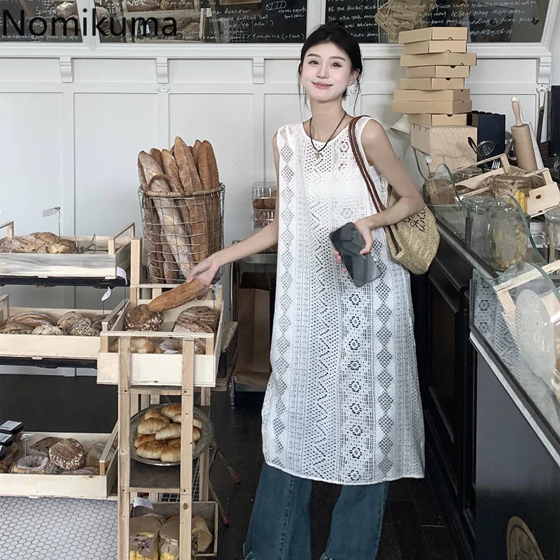 Женское кружевное платье без рукавов летнее тонкое свободное Прозрачное 2024