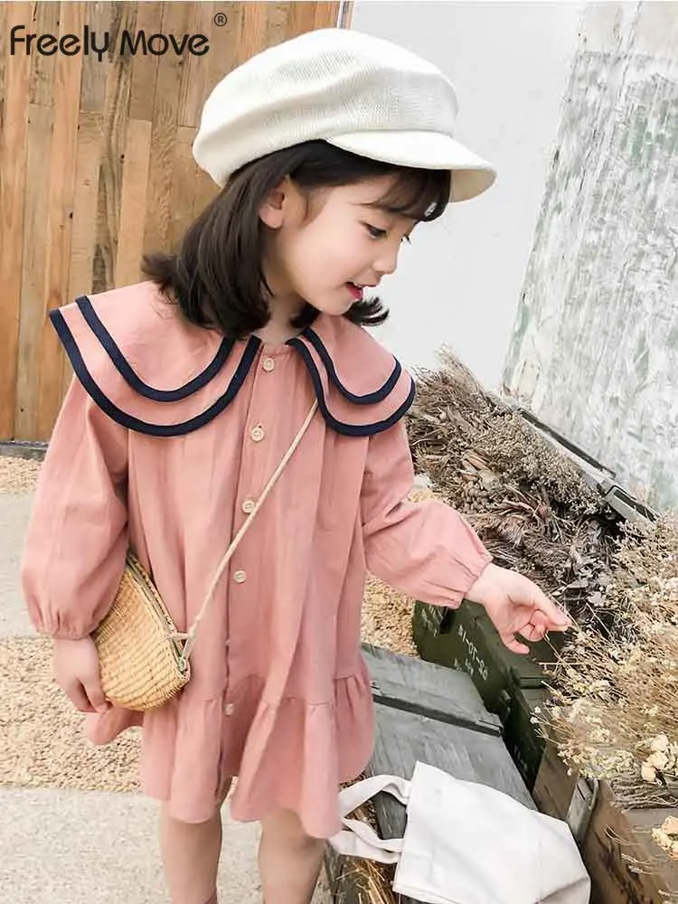 

Freely Move 2022 Autumn New Girls Dress Toddler Kids Baby Girls Peter Pan Collar Dress Preppy Children Clothes Kids Clothes