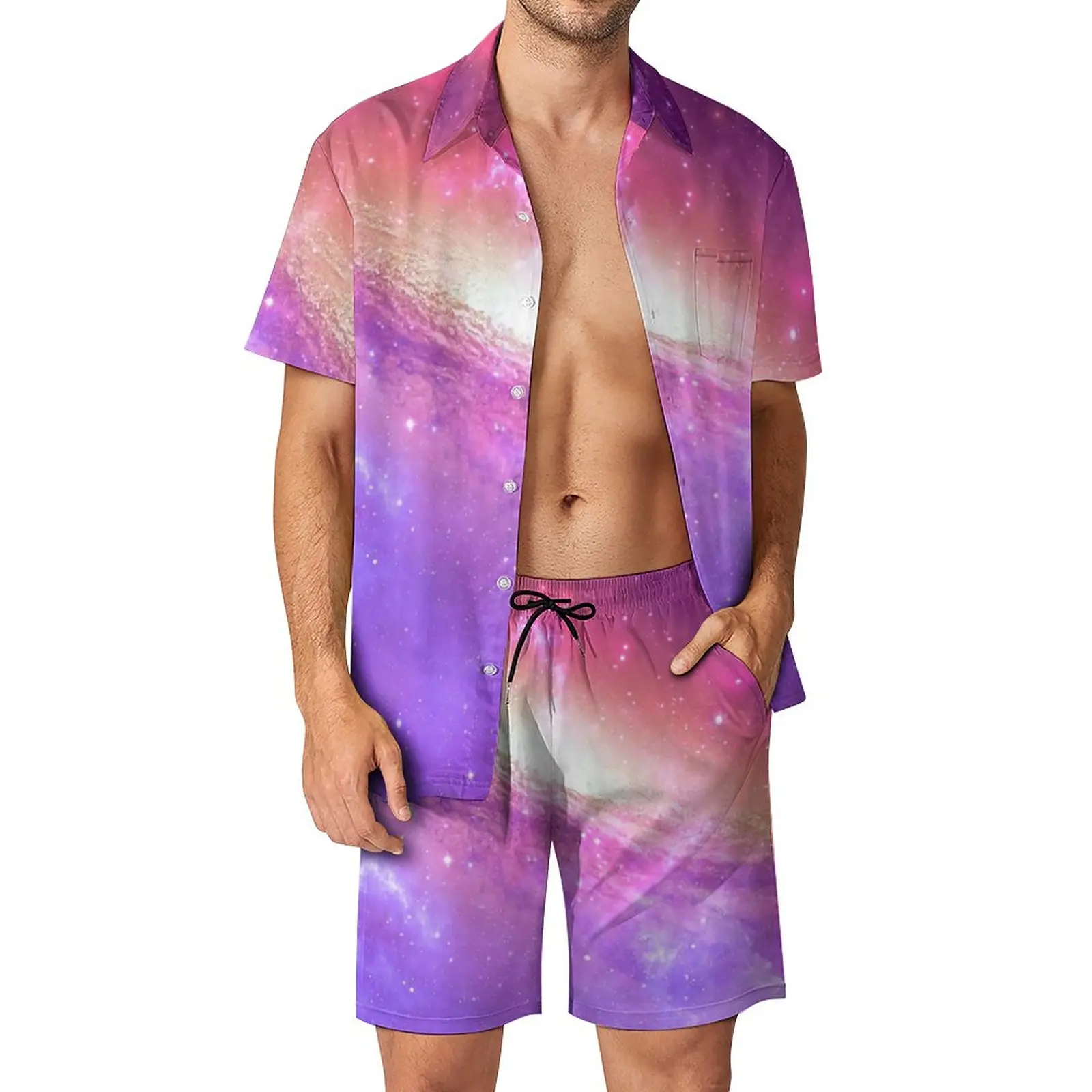 

Colorful Purple Galaxy Men Sets Watercolor Stars Print Casual Shorts Trending Beach Shirt Set Short Sleeve Design Big Size Suit