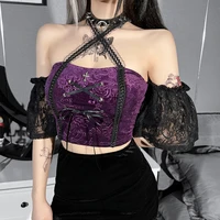 y2k gothic mesh backless cross tie neck top dark pattern contrast eyelet strap tanks see through lace trim short top