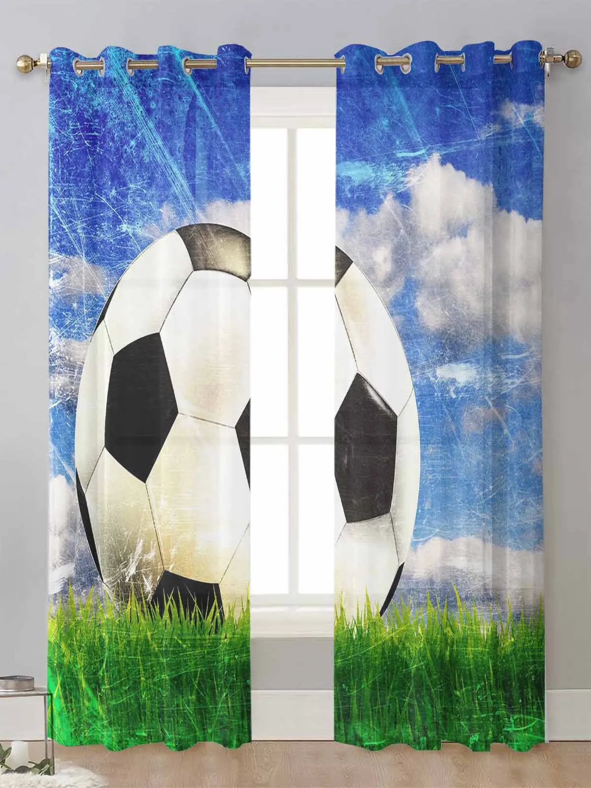 

Прозрачные шторы для футбола, небо, облака, трава, футбол, шторы для гостиной, окна, вуаль, тюль, занавески, Декор для дома