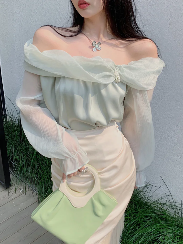 Woherb пикантная шифоновая блузка Женский сетчатый топ с воротником-лодочкой