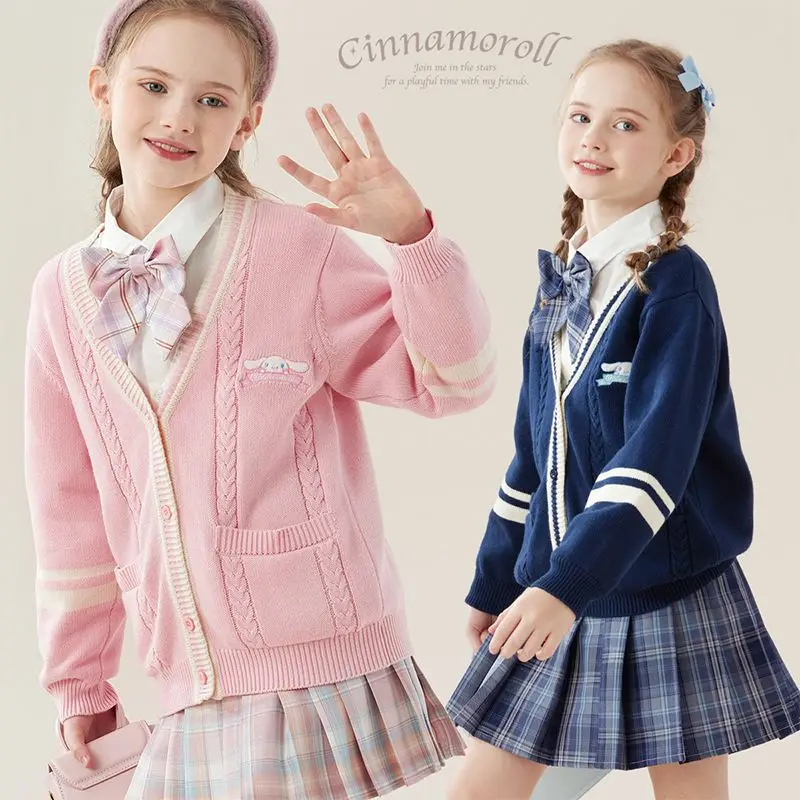 

Милый осенний свитер Sanrio Kuromi My Melody Cinnamonroll, одежда, милый свитер для девушек с V-образным вырезом, розовая, синяя, темно-синяя куртка с мультяшным рисунком