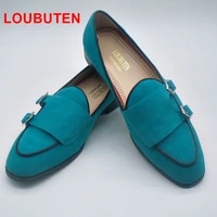 loubuten mens loafers luxury fashion sky blue suede monk strap dress shoes men designer summer party wedding shoes