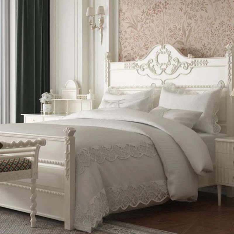 

Countryside Solid Wood Series Customized Furniture Classical Solid Wood Carved Vintage Fabric Double Bed