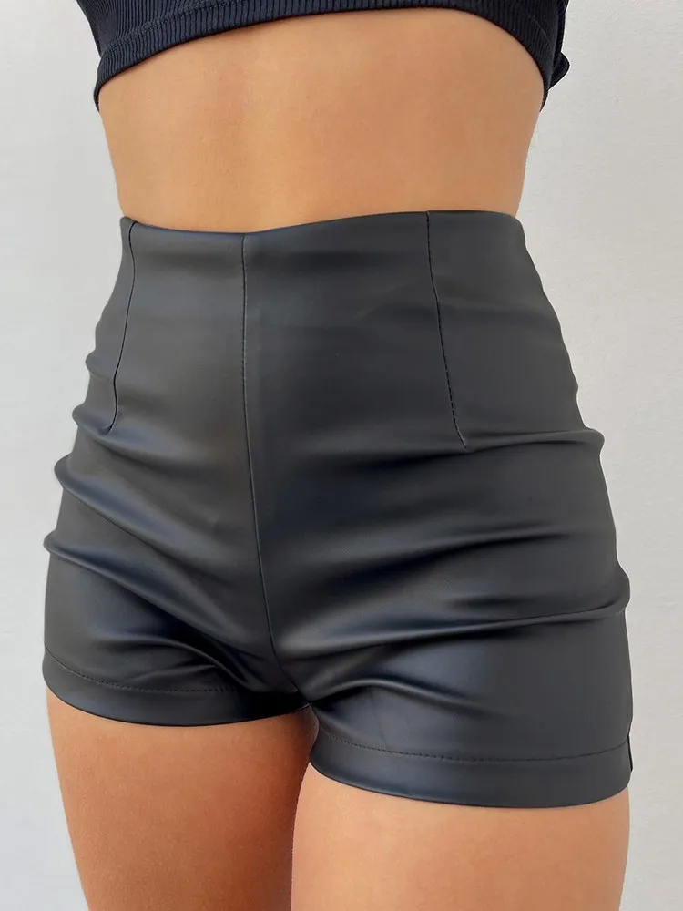 

wsevypo High Waist PU Leather Shorts Summer Fashion Women Push Up Bodycon Shorts Street Club Punk Wear Back Zip Up Shorts