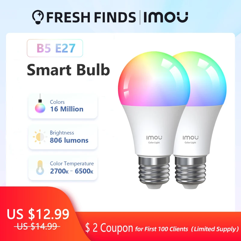 IMOU Smart Bulb B5 220V LED 2 pcs Color Lamp  E27 RGB Bulb Work with Alexa and mobilephone RGB+White Dimmable Timer Function