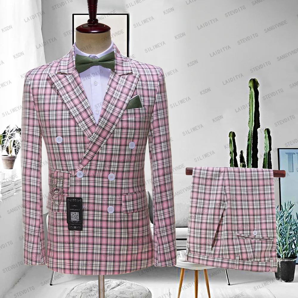 2023 New Style Boutique Pink Lattice Formal Business Mens Suit Set Groom Wedding Dress Double Breasted 2pces( Jacket+Pants)