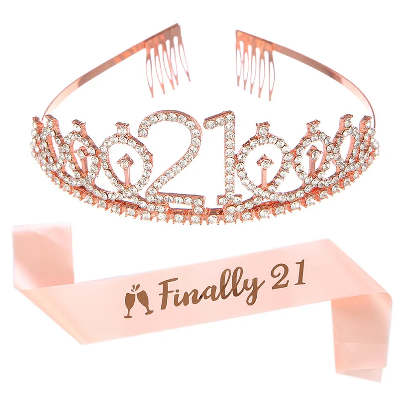 New Fashion Crystal Crown Hair Clasp 21 Years Old Birthday Headdress Inally 21 Etiquette Belt Party Supplies