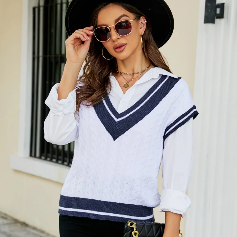 

Outwear Layered V-Neck Women's Knitted Vest Sweater Short Contrast Color Casual Knitted Pullover Waistcoat Spring Autumn 2023