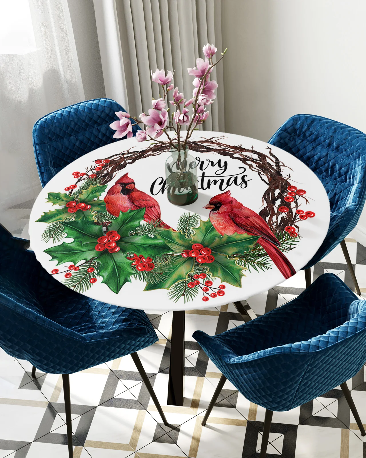 

Christmas Cardinal Berry Round Table Cover Kitchen Waterproof Tablecloth Christmas Table Decor Elastic Tablecloth