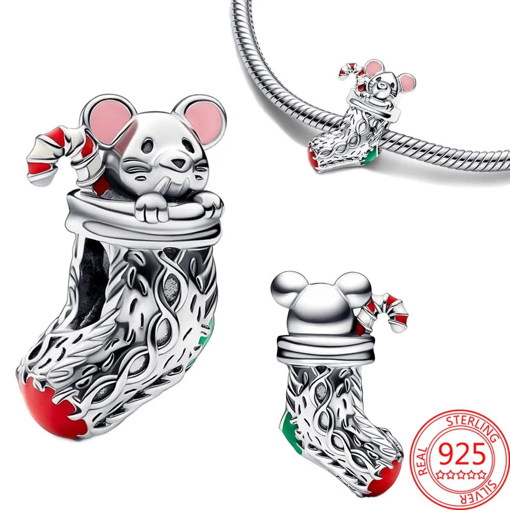

Christmas Festive Mouse Stocking Candy Charms 925 Sterling Silver Fit Original 925 Bracelet Pendant Charm for Women Jewelry Gift