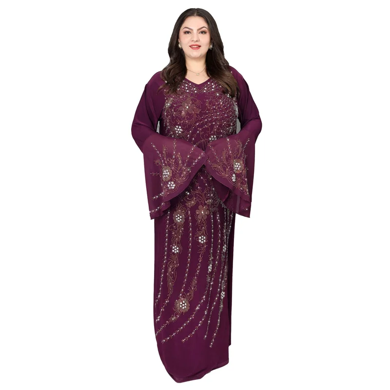 

Muslim Maxi Dresses Women With Diamond Flare Sleeve Robes Autumn New Diamond Arab Dubai Islam Muslim Ramadan Long Dress Vestidos
