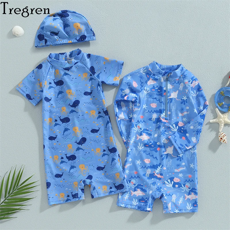 

Tregren Kids Boys Swimsuit Rash Guard Long/Short Sleeve Fish Print Summer Swimwear with Swimming Cap Beach Pool Bathing Suit