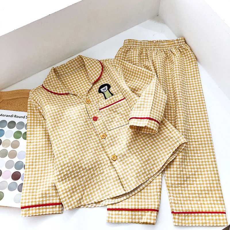 Girls Home Clothes Set Spring Autumn Boys Embroidered Top With Plaid Trousers 2 Piece 3-7Y Unsex Comfortable Pajama Clothes