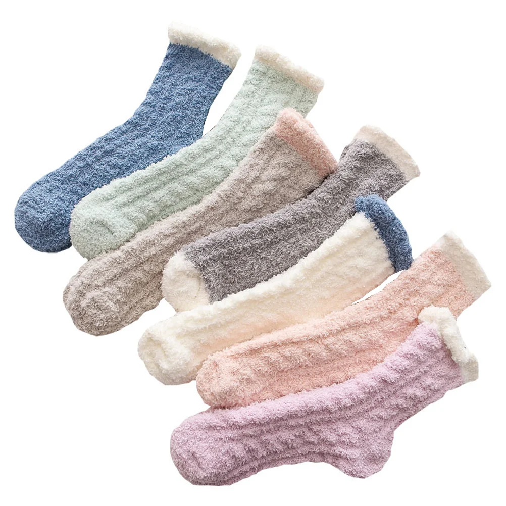 

7 Pairs Mens Invisible Socks Coral Fleece Sleeping Warm Stockings Fashionable Female Household Mid-calf Length Women's