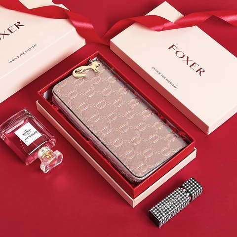 FOXER женский длинный кошелек из спилка, модная женская сумка для денег, противоугонный кошелек на молнии, кошелек с держателем для карт, кошелек