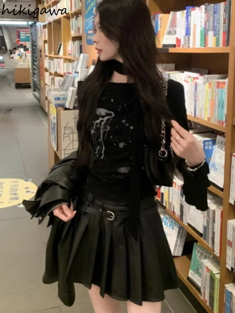 Женская футболка Harajuku с длинным рукавом и разрезом на шее, черные повседневные футболки, укороченные топы, Ropa Mujer, модные корейские сексуальные футболки с принтом Y2k (art.: 3920c3456fac2) - 3920c3456fac2