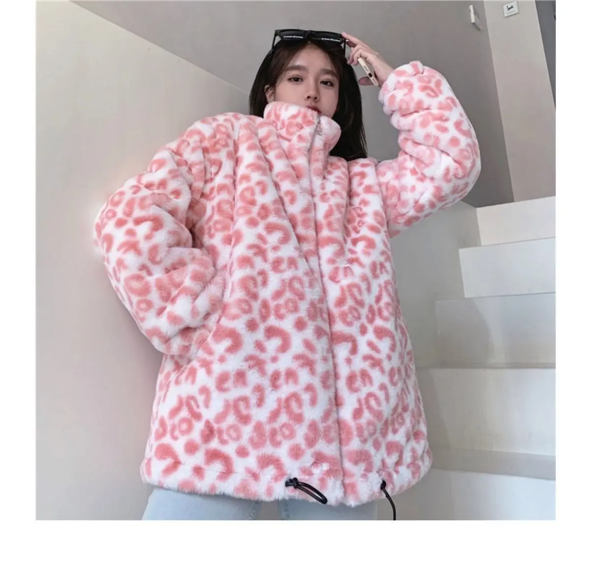 2022new winter Korean zipper top lamb leopard h short coat imitation faux Rabbit Fur grass fur coat female top jacket casual