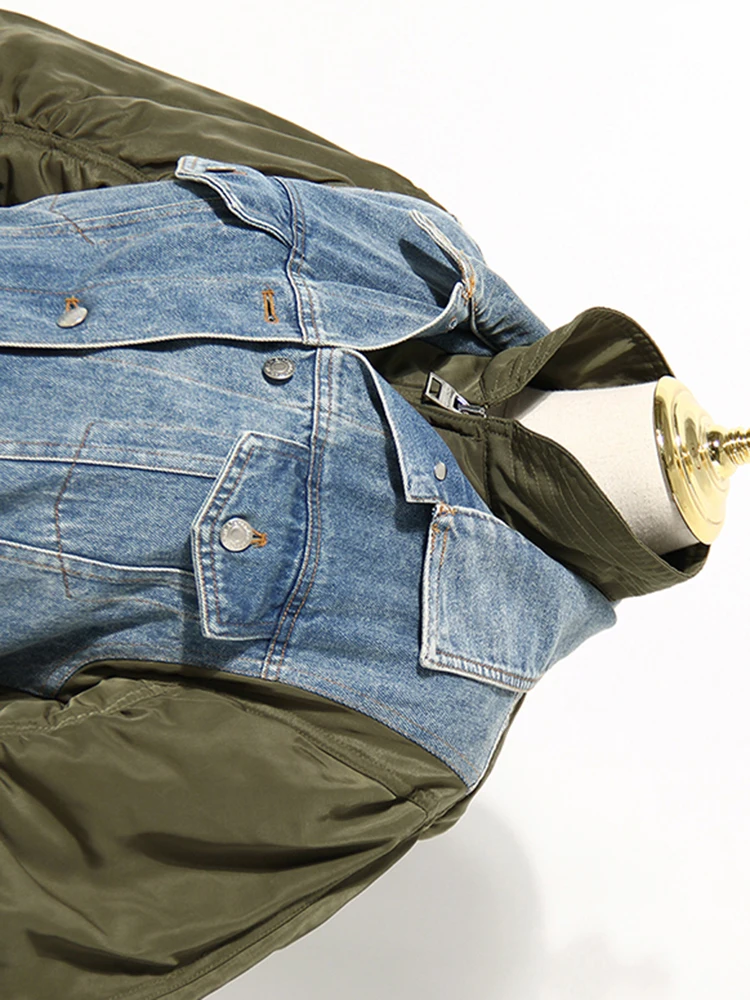 [EAM] свободная Зеленая джинсовая плиссированная куртка большого размера Новое