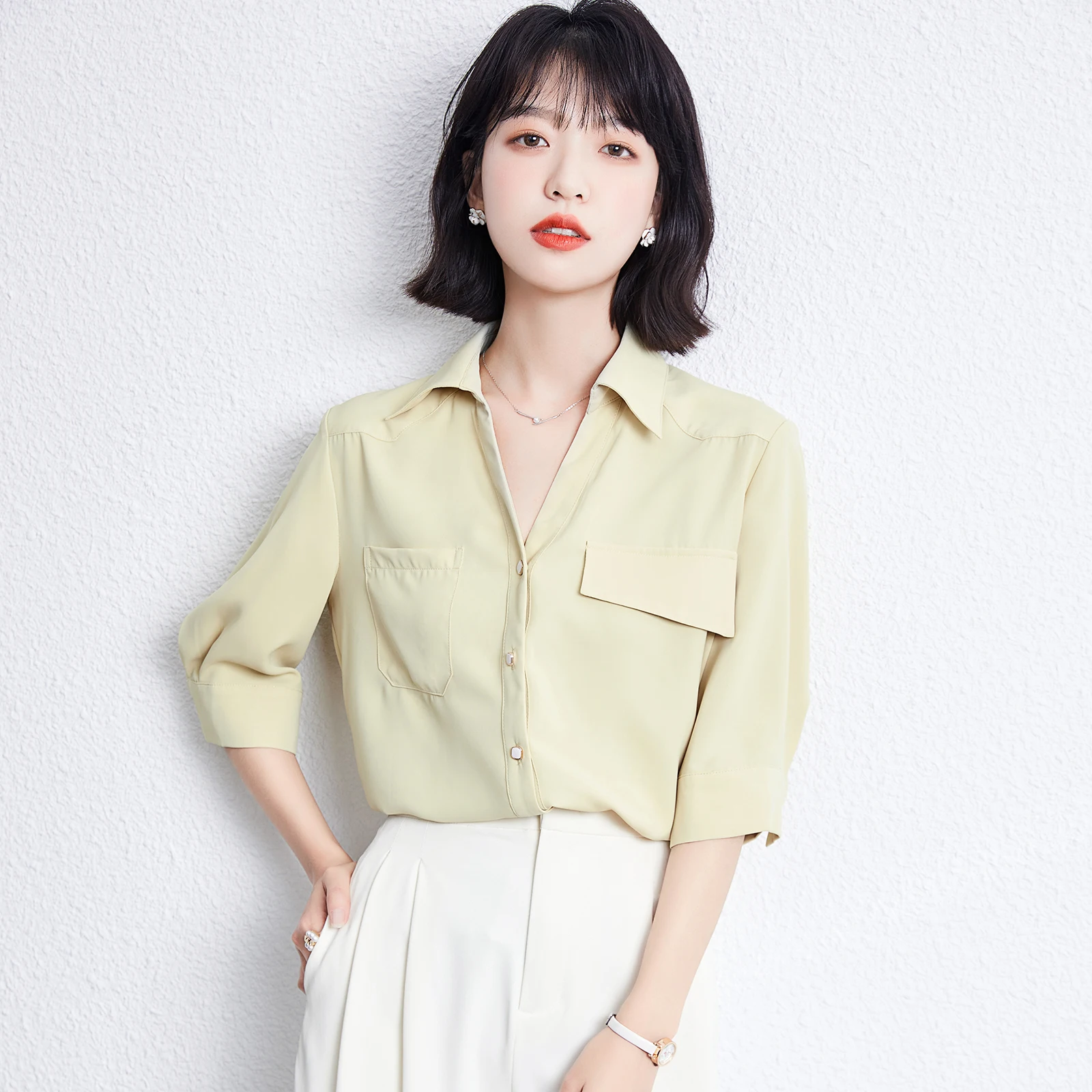 

Рубашка женская однотонная свободного покроя с карманами, Повседневная Блузка в Корейском стиле, винтажный офисный Топ, лето 2023