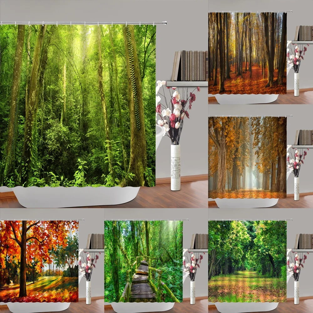 

Green Tropical Jungle Plant Shower Curtains Set Palm Tree Forest Autumn Maple Leaves Nature Scenery Fabric Bathroom Curtain Home
