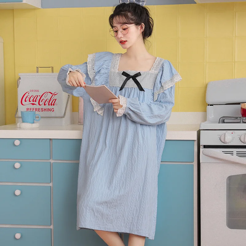 2023 Long Nightdress Women Faux Cotton Sleepdress Long Sleepwear Cute Sweet Girls Lady Nightgowns Home Dressing Gowns Nightwear