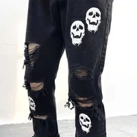 retro high street style skull print raw edge jeans mens irregular ripped straight pants men and women street trend pants