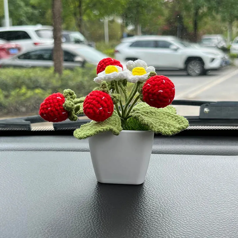 

Crochet Strawberry Potted Plant,Car Center Console Decor,Hand Knitted Gifts For Women,Car Interior Accessory Dashboard Ornaments