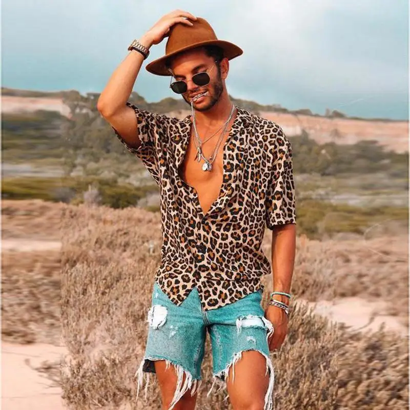 New Leopard Print Men's Shirts Tops Summer Short Sleeve Turn-down Collar Single Breasted Hawaiian Shirt Mens Camisas