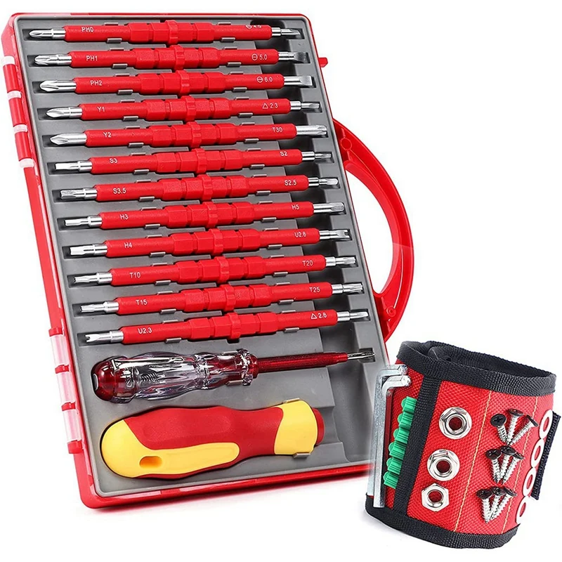 1Set Insulated Electrician Screwdriver Set With Magnetic Wristband Tools Red Metal For Men PH Slotted Torx Hex Square Bits
