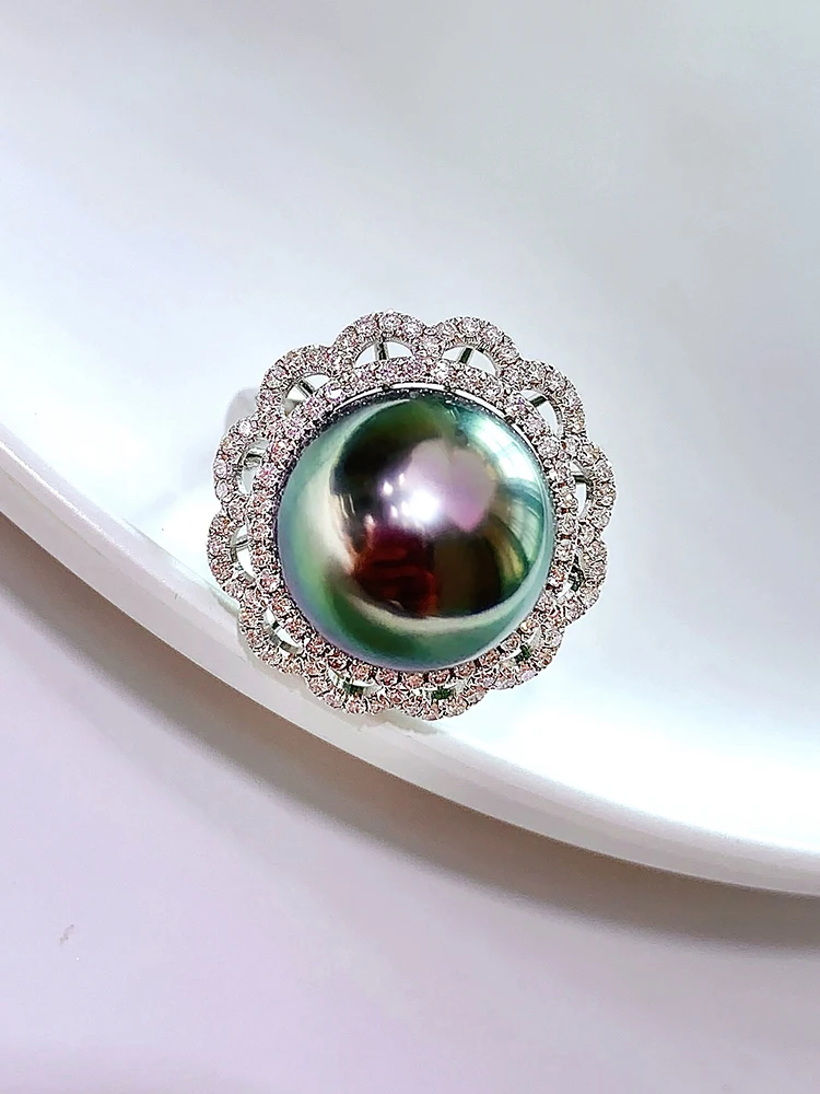 

Tahiti Black Pearl Natural Seawater Pearl 12-13MM Peacock Green Ring Round Strong Light 18K Gold Diamond Ring