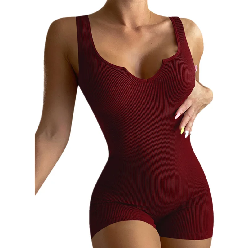 

Ladies Sexy Sleeveless Bodycon Playsuits 2023 Summer Women's Solid Color Casual Knitted Rib V-Neck Tank Top Slim Fit Jumpsuit
