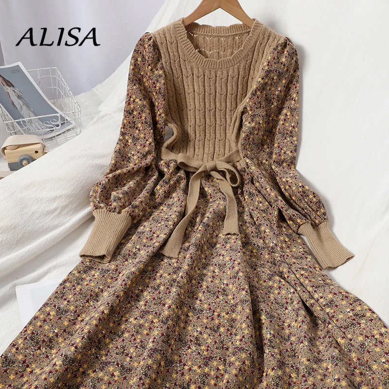 

Spring Autumn Vintage Floral Knitting Dress Women Fashion A Line Elegant Ruffles Dresses Ladies Patchwork Corduroy Casual Dress