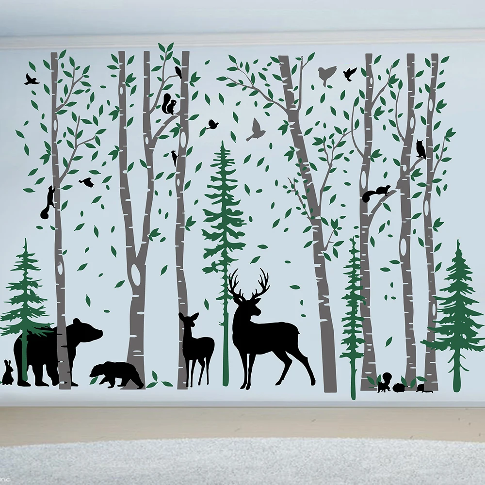 

Large Birch Pine Tree Deer Animal Wall Sticker Decal Jungle Forest Woodland Wildlife Animal Leaves Living Room Bedroom