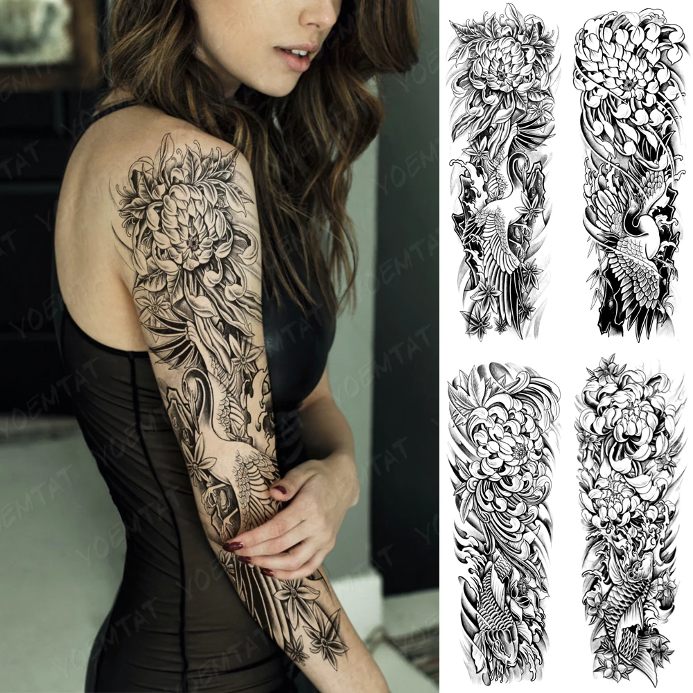 

Large Full Arm Sleeve Tattoo Japanese Crane Flower Carp Waterproof Temporary Tatoo Sticker Men Women Asian Style Fake Tatto