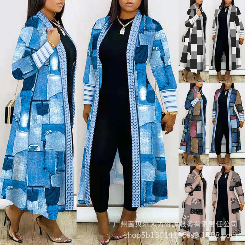 

Plus Size Denim Look Print Open Front Longline Coat Women Open Trench Cardigan Long Sleeve Fashion Loose Coat