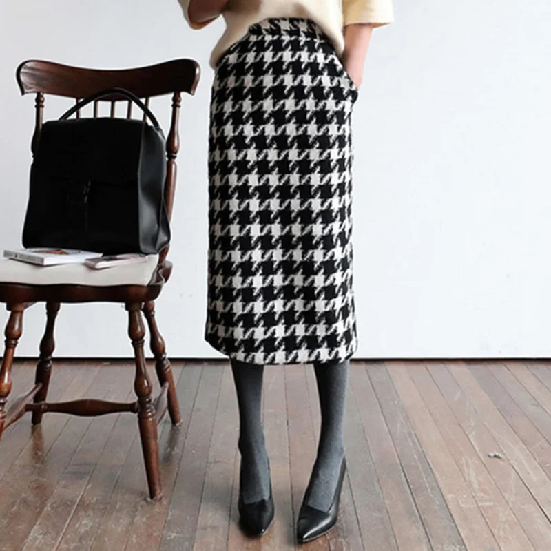 

Houndstooth skirt autumn and winter long skirt high waist straight skirt women's elegant retro 3xl
