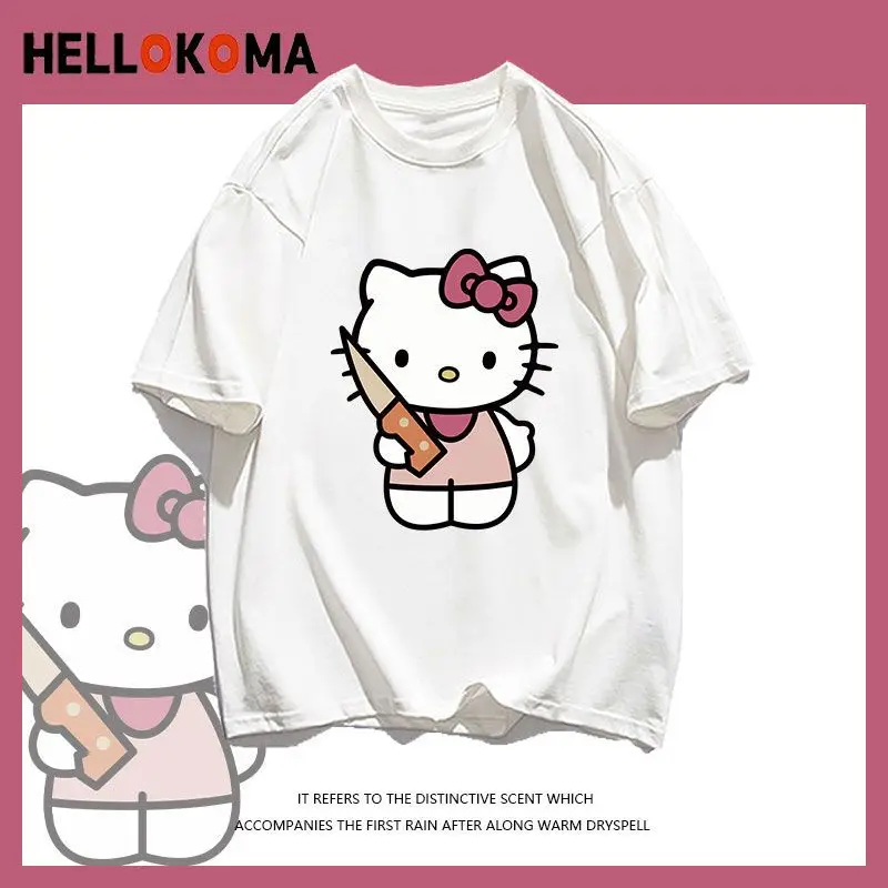 

Summer New Kawaii Hello Kitty Anime Girl Pure Cotton Short Sleeve T Shirt Cute Cartoon Print Loose Versatile Thin Round Neck Top