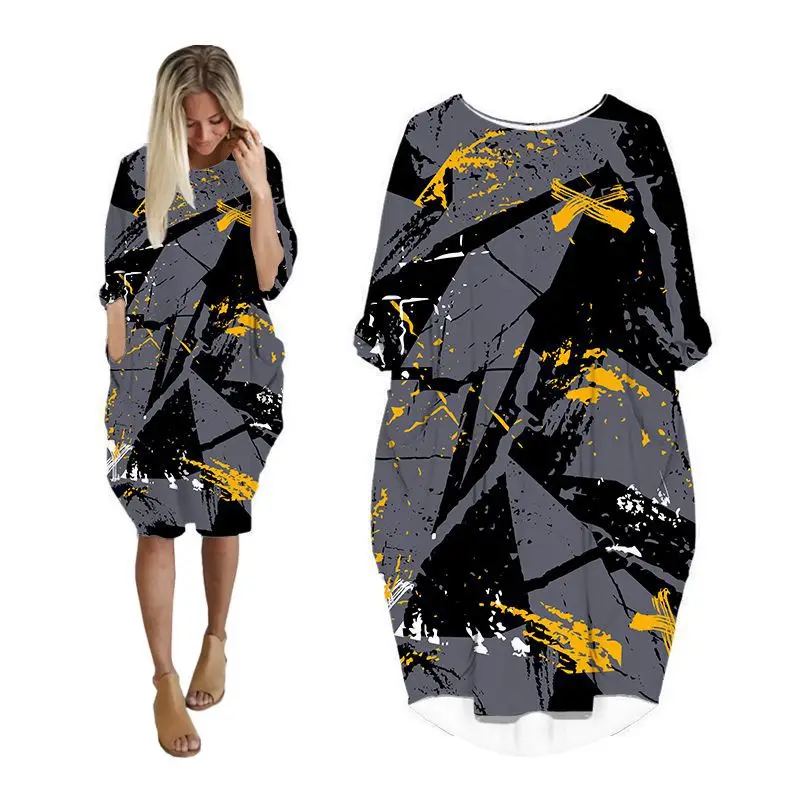 

Карманные платья для женщин, модная одежда с длинным рукавом в Корейском стиле, женская одежда больших размеров, женское платье миди с геометрическим рисунком