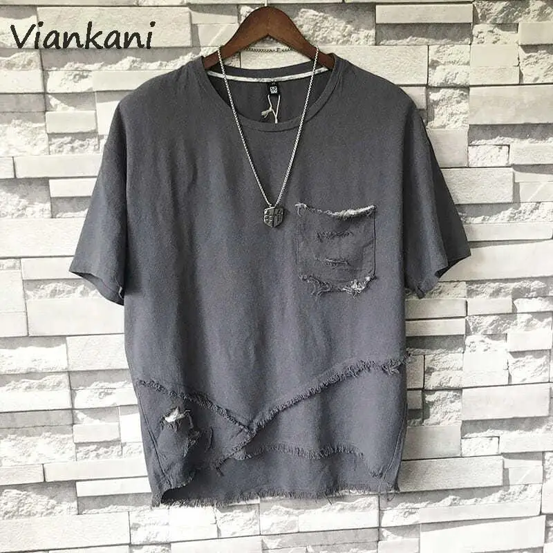 

Футболка мужская с круглым вырезом, свободная рубашка из хлопка и льна, с рукавом пять-полу, в Корейском стиле, лето