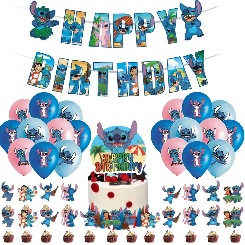 

Disney Stitch Theme Birthday Decoration Cute Cartoon Balloon Boy and Girl Christmas Birthday Party Decoration Set Gift Cake Flag