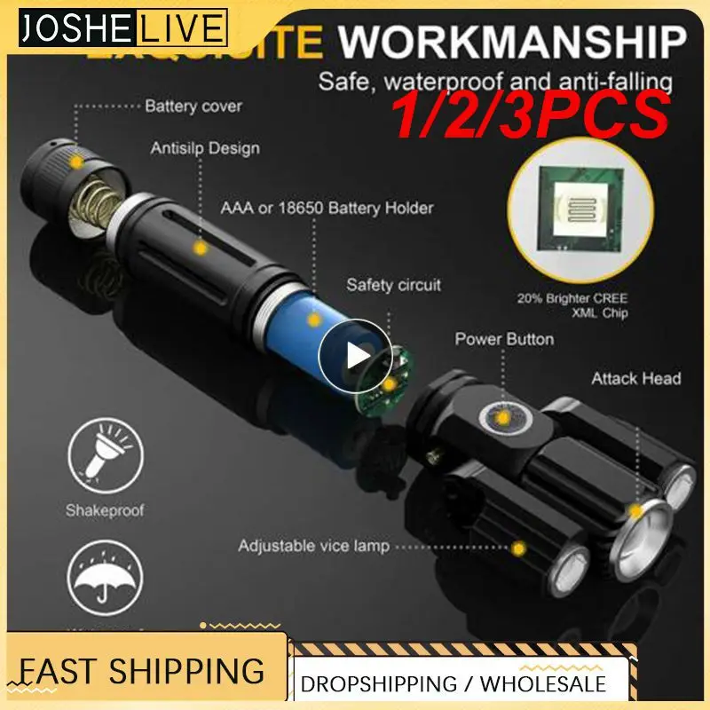 

1/2/3 шт., светодиодный водонепроницаемый тактический фонарик с регулируемым зумом