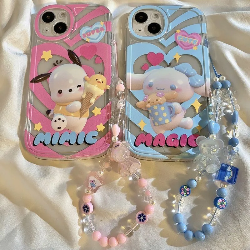 

Kawaii Sanrio Cinnamoroll Pochacco Bracelet Phone Cases For iPhone 14 13 12 11 Pro Max XR XS MAX X Anti-drop Soft Cover Y2k Girl